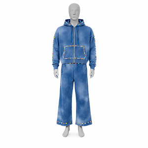 Custom Unisex Washed Denim Style Hoodie and Wide Leg Pants Tracksuit Set with Colorful <b>Rhinestone</b> Studs - Product Image 1