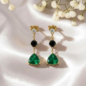 Natural Trillion Cut Emerald <b>Earrings</b> With Black Obsidian Drop CZ Accent <b>Stud</b> <b>Earrings</b> 925 Sterling <b>Silver</b> Elegant Minimalist - Product Image 1