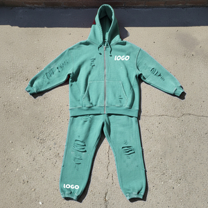 Conjunto de Sudadera con Capucha y Pantalones Deportivos de Fabricantes de Ropa, Estilo Streetwear Personalizado, con Parches, Efecto Desgastado, Remaches y Cremallera - Product Image 4