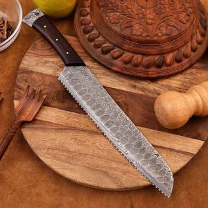 Handmade Best Supplier Cooking Damascus Steel Chef <b>Knife</b> <b>Bread</b> <b>Knife</b> Olive Wood Handle Leather Sheath Serrated Edge Right-Handed - Product Image 3