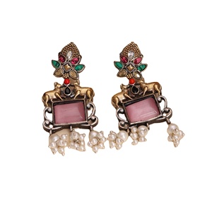 Wholesale Two Tone Oxidized <b>Silver</b> Finish Ethnic Handmade Brass <b>Dangle</b> <b>Earrings</b> with Bezel Setting Elegant Direct Factory Supply - Product Image 5