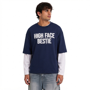 Double <b>Layered</b> Boxy T Shirt Men Double Long Sleeve T-Shirts O Neck Cotton Jersey Tee <b>Top</b> Long Sleeve Embroidered Sportswear Tee - Product Image 2