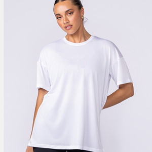 T-shirt blanc surdimensionné à col rond et manches courtes pour femme, coupe ample, en maille respirante, longueur standard, couleur unie, style tricoté - Product Image 1