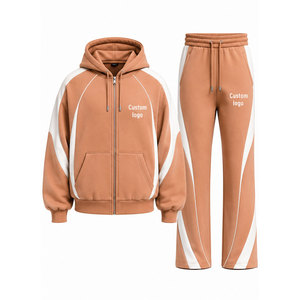 Custom Logo Brown White Color Blocking Tracksuit 100% Set Full <b>Zip</b> <b>Hooded</b> 450 Gsm Sweatshirt Pants - Product Image 1