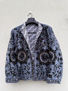 Luxury Gray <b>Velvet</b> Embroidered Suzani <b>Jacket</b> With Floral Pattern Full Sleeve Stand Collar Bohemian Artisan <b>Women's</b> Autumn Coat - Product Image 3