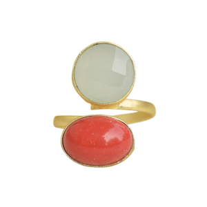 Anillo de Dos Piedras Laxmi Jewellers, Chapado en Oro, Latón, Calcedonia Ovalada, Coral, Engaste en Bisel, Joyería Minimalista Unisex de Moda - Product Image 1