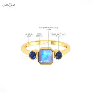 Bague de fiançailles et de mariage classique pour femme en or massif 14 carats, sertie de pierres naturelles de 2 carats (pierre de lune et saphir bleu) - Product Image 6