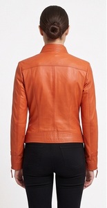 Chaqueta Moto de Cuero Genuino Naranja para Mujer al por Mayor, Cortavientos, Ecológica, Ajustada, con Cuello Mandarín, Cremallera Completa Personalizada, Ligera - Product Image 3