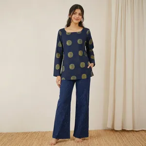 Kurti Corto de Algodón Estampado Azul para Mujer, Corte Regular, Estilo Casual Étnico con Puntos Dorados, para Todas las Temporadas - Product Image 4