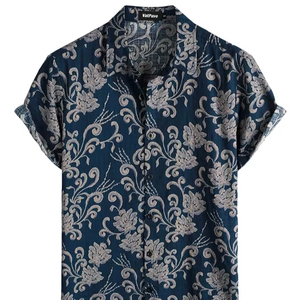 เสื้อเชิ้ตพิมพ์ลายดอกไม้สำหรับผู้ชายสั่งทำจำนวนมาก แขนสั้น ติดกระดุม สีกรมท่า เหมาะสำหรับวันหยุดพักผ่อนริมชายหาด ผู้ผลิตและจำหน่ายแบบ OEM - Product Image 1