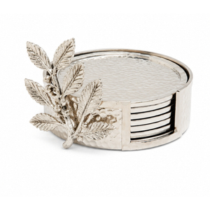 Ensemble de sous-verres en métal martelé argenté au design luxueux avec support décoratif en forme de feuille, sous-verres en acier inoxydable pour table basse - Product Image 1