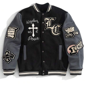 Men's Varsity <b>Jacket</b> Black Grey Sleeve Embroidered Cross Wisdom Peace Patch Design Streetwear Style Turn-down Collar - Product Image 1