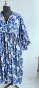 Women's Blue <b>White</b> Floral Handprint Cotton Midi Dress With Tie-Neck And Short Puff Sleeve Boho Summer Dress - Product Image 4