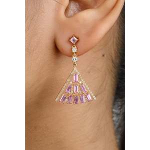 18K White Gold Geometric Pink Sapphire Pyramid Dangle Earrings - Product Image 6