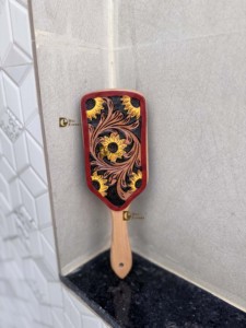 Unique Handmade Hand <b>Tooled</b> <b>Leather</b> Wooden Hair Brush With Sunflower <b>Leather</b> Minimalist Modern Design Daily Use Rectangle Shape - Product Image 3