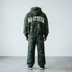 Ensemble survêtement homme vert camouflage à capuche zippé coupe ample streetwear personnalisé OEM ODM vente en gros - Product Image 4