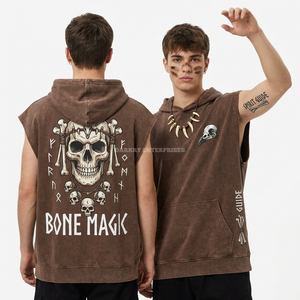 Débardeur à capuche sans manches pour homme, marron, 500 GSM, en molleton de coton épais, coupe athlétique, avec motif graphique personnalisé Crâne Magique Osseux - Product Image 1