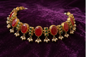 Gold Plated Classic Kundan Necklace Set Red Oval Stone Pearl <b>Drop</b> Brass Choker Jewelry for Wedding Festival Women Gifts - Product Image 2