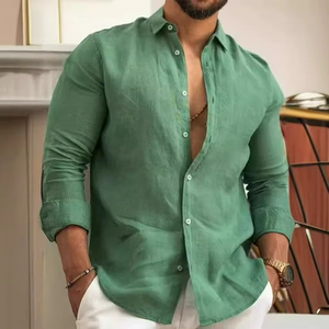 Camisa Casual de Algodón y Lino para Hombre, Color Sólido, para el Ocio en Otoño, Popular en Europa y América, Orientada a la Juventud - Product Image 3