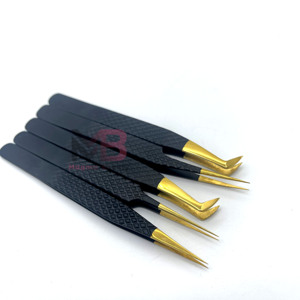 Ensemble de pinces à cils plaquées or, outils de précision pour extensions de cils, pointe lisse, manche noir, outil de beauté - Product Image 2