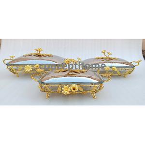 Ensemble chauffe-plats ovale de luxe en laiton et verre pour hôtels et restaurants, avec support design et logo personnalisable, style occidental - Product Image 1