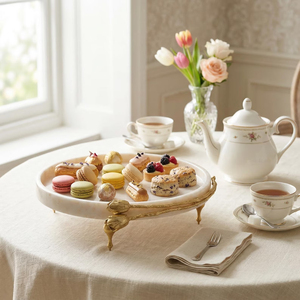 White Marble Serving <b>Tray</b> Decorative Pedestal <b>Tea</b> <b>Tray</b> with Leaf Design Handle for Afternoon <b>Tea</b> Table Decor Round Shape <b>Tray</b> - Product Image 1
