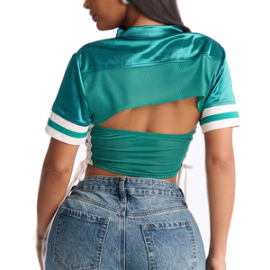Women's <b>Mesh</b> Cutout <b>Crop</b> Jersey Short Sleeve Lace Up Side Breathable Casual Fashion <b>Top</b> Custom Logo Soft Fit Tee women's shirt - Product Image 2