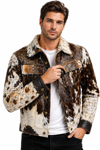 Veste en cuir de vachette marron et blanc pour homme, design personnalisé, col rabattu, doublure en fourrure, hiver, décontractée, épaisse, design patchwork - Product Image 3