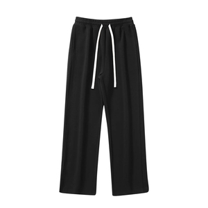 Pantalon de jogging décontracté pour homme, noir, coupe large, taille élastique avec cordon de serrage, mi-lourd, tricoté, teint uni, pour l'automne - Product Image 1