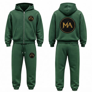Ensemble de survêtement vert à capuche 100% coton avec fermeture éclair intégrale, poche avant et patch brodé appliqué 480 g/m² - Product Image 1