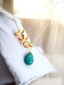 Collier turquoise, fleur d'orchidée, bijoux faits à la main, argent sterling 925, plaqué or 14 carats, pierres précieuses bohèmes, cadeau pour femme - Product Image 3