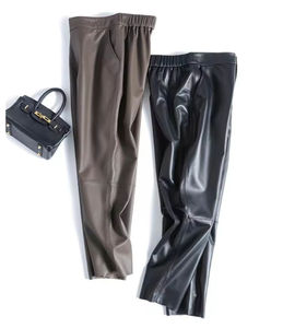 <b>Women's</b> <b>Black</b> PU Leather Look Flat Front High Waist Slim Fit Skinny Butt Lifting Stonewashed <b>Trousers</b> - Product Image 6