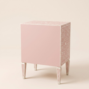 1. Table de chevet de luxe rose clair avec incrustations en os, 3 tiroirs, motif floral, faite à la main, en bois, pour chambre à coucher - Product Image 2