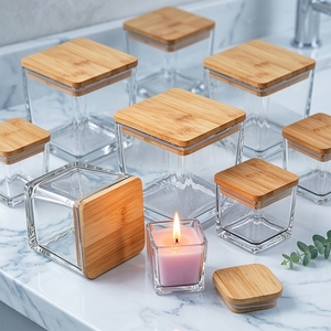 Porte-bougies carrés modernes en verre avec couvercle en <span class=keywords><strong>bois</strong></span>, à suspendre, réutilisables, impression multicolore, livraison rapide, vides - Product Image 5