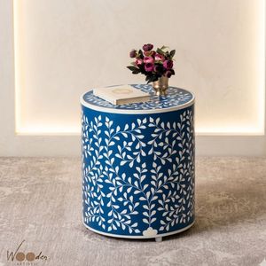 Blue Modern Luxury Floral Accent Stool Round Ottoman Side Table Wooden <b>Storage</b> Cushion <b>Seat</b> for Living Room Bedroom - Product Image 2