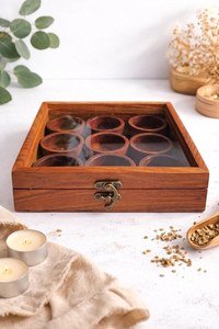 <b>Wooden</b> Spice Organizer <b>Box</b> With Glass Lid And Metal Clasp For Herbs And Condiments Dust Resistant Storage - Product Image 1