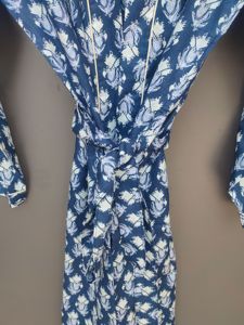 <b>Navy</b> Blue Floral Cotton Kimono Robe Women's Full Length Long Sleeve Casual Sleepwear Mandarin Collar Printed Woven Fabric - Product Image 3