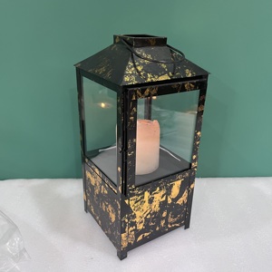 Lanterne à bougie vintage en métal, panneaux en verre, finition rustique noir et or, à suspendre ou à poser, décoration d'intérieur, design artisanal L517 6x6x14 pouces - Product Image 1