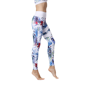 High Waist Print <b>Leggings</b> <b>Women</b> Full Length Stretch Knitted Sporty Yoga Pants Summer Wear White Base With Blue <b>Red</b> Pattern - Product Image 2