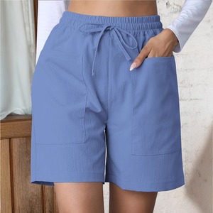 Shorts en coton taille haute pour femmes, couleur verte unie, avec cordon de serrage, style décontracté avec poches, respirant, style été - Product Image 2