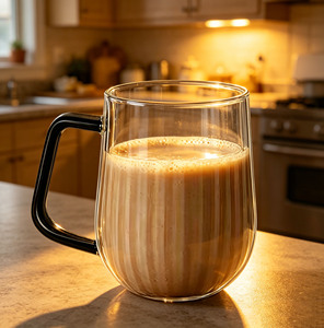 Tazza in Vetro Borosilicato Retrò da 300ml con Design a Righe, Resistente al Calore, Manico Colorato, Logo Personalizzato per Caffetterie e Bar - Product Image 4