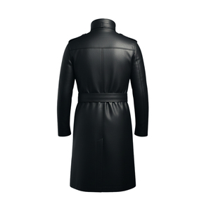 Manteau long en cuir véritable noir pour homme, col à revers, double boutonnage, avec ceinture, manches régulières - Product Image 4
