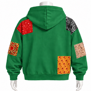 Sudadera con capucha y cremallera completa de patchwork verde, estilo oversized, con estampado de parches, informal, estilo streetwear para hombre. - Product Image 2