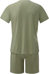 Ensemble t-shirt et short pour homme en coton vert olive, col rond, décontracté, respirant, vêtements d'été, tissu tricoté, couleur unie - Product Image 5