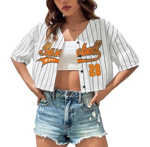 Women's White <b>Striped</b> Baseball Jersey <b>Crop</b> <b>Top</b> Short Sleeve V-Neck Button Front Breathable Summer Apparel Print OEM ODM 2026 - Product Image 1