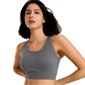 Soutien-gorge de sport côtelé noir à maintien élevé pour femme, haut court, vêtements de yoga et de fitness - Product Image 5