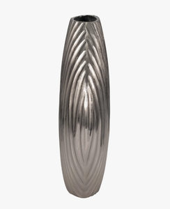 Modern Silver Metal <b>Vase</b> with Vertical Ribbed Texture Sculptural Pewter Finish Bud <b>Vase</b> with Wavy Fluted Design from India - Product Image 2