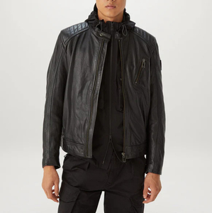 Veste moto en cuir véritable noir pour homme, col montant, fermeture éclair, coupe ajustée, longueur standard, pour l'automne - Product Image 4
