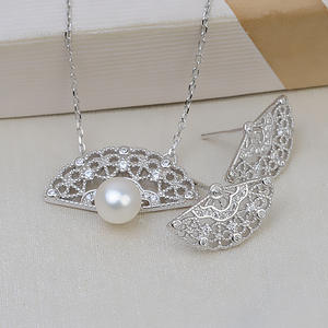 Women's S925 Silver <b>Fine</b> <b>Jewelry</b> <b>Sets</b> DIY Accessory Fan-Shape Earring Necklace Pendant Collarbone Chain Tire Hair Pearl Hollow - Product Image 1