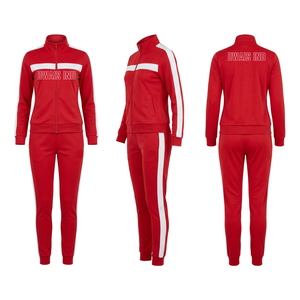 Ensemble de survêtement 2 pièces gris et rouge pour femme, col montant, fermeture éclair, manches longues, imprimé lettres, blocs de couleur, tenue sportive - Product Image 2